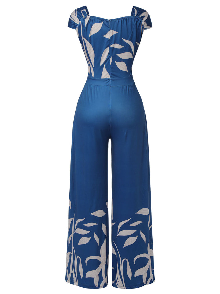 Blau 1930er Hoher Taille Pflanzenmuster Jumpsuit