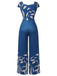 Blau 1930er Hoher Taille Pflanzenmuster Jumpsuit