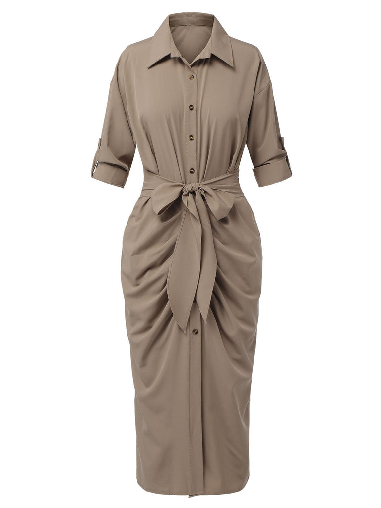 Khaki 1960er Solide Falten Revers Kleid