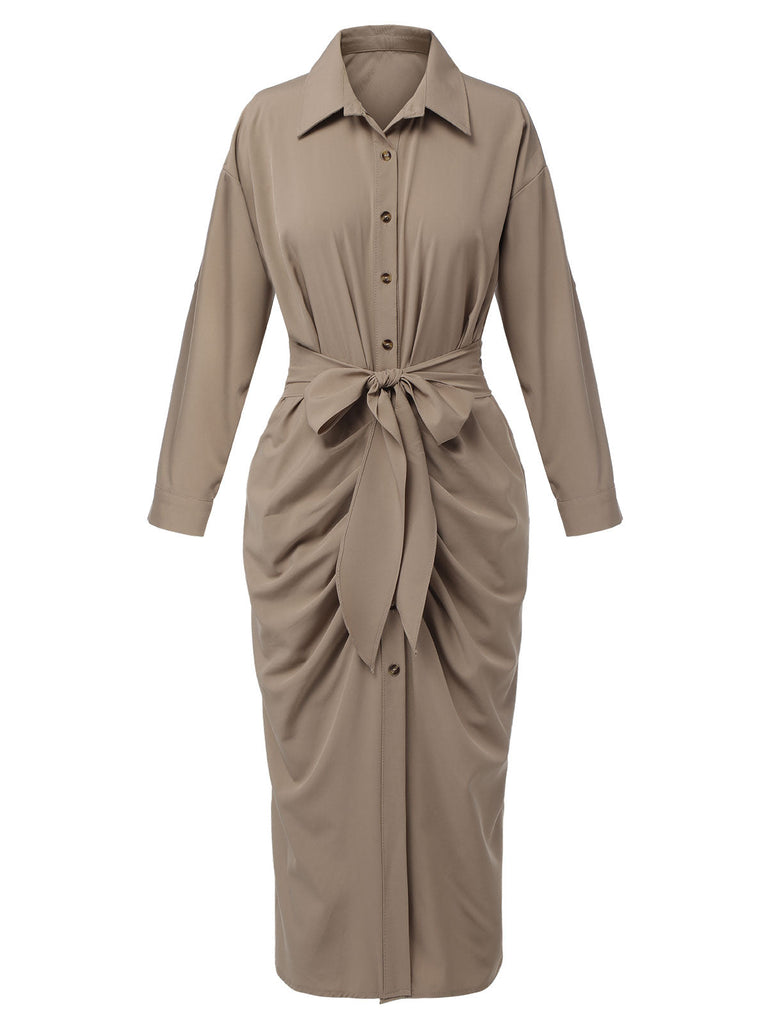 Khaki 1960er Solide Falten Revers Kleid