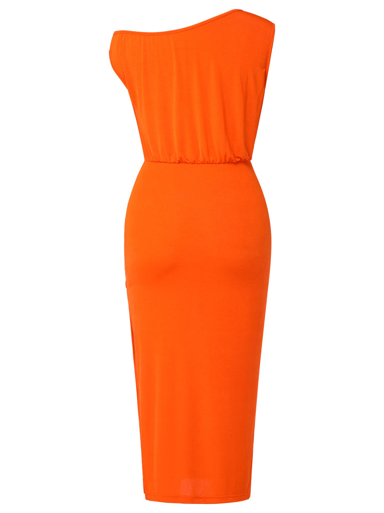 Orange 1960er Solide Eine-Schulter Ärmelloses Kleid