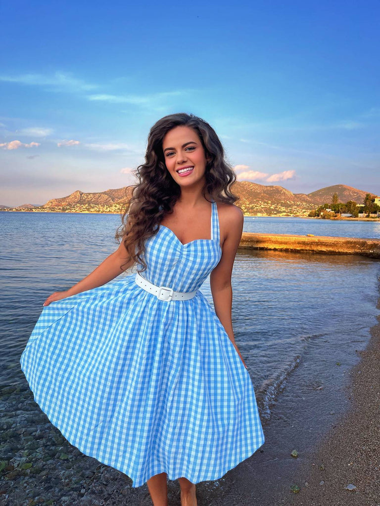 Hellblau 1950er Kariert Halter Swing Kleid