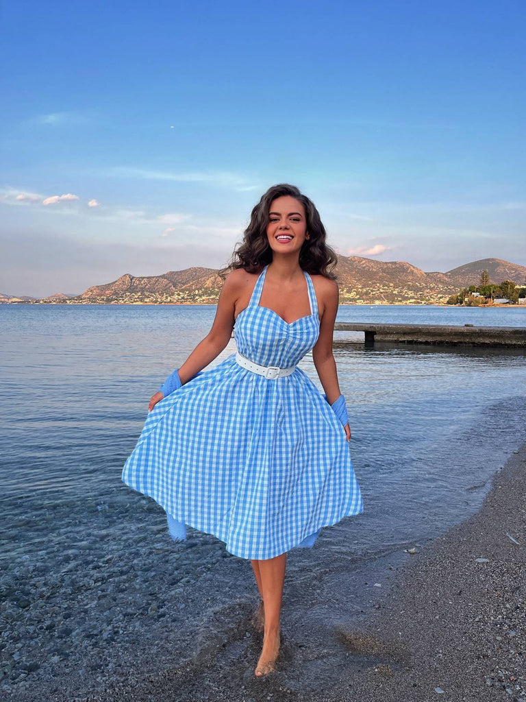Hellblau 1950er Kariert Halter Swing Kleid