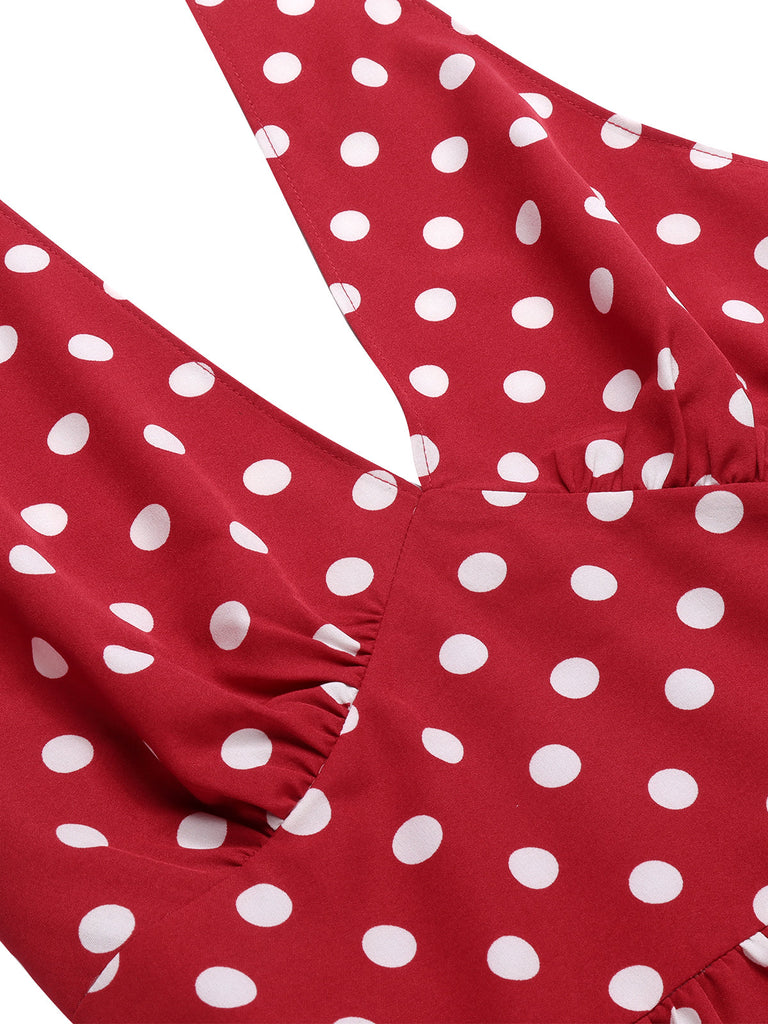 [Übergröße] Rot 1950er Polka Dot Halter Kleid