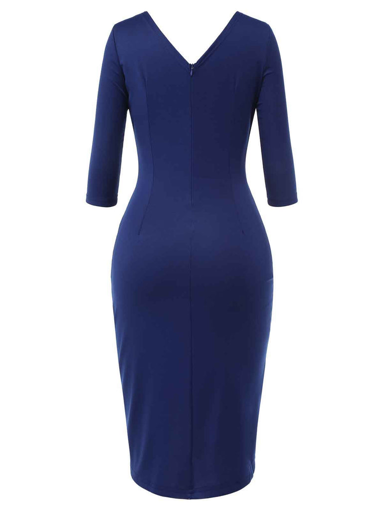 Blau 1940er Solide V-Ausschnitt Kleid mit Gürtel