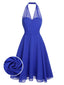 [Vorverkauf] Blau 1950er Solide Chiffon Halter Kleid