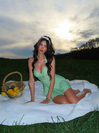 Hellgrün 1930er Kariert Halter Einteiliger Badeanzug