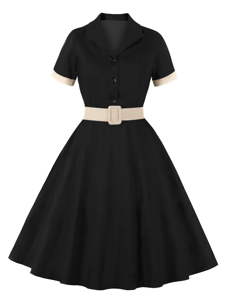 1950er Retro  Kontrast kurze Ärmel Revers Kleid
