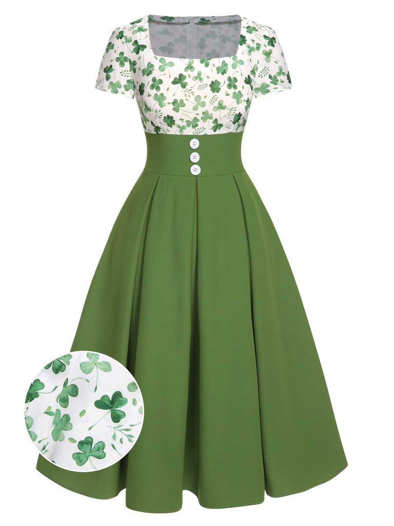 Grün 1950er Glücksklee Geknöpftes Kleid