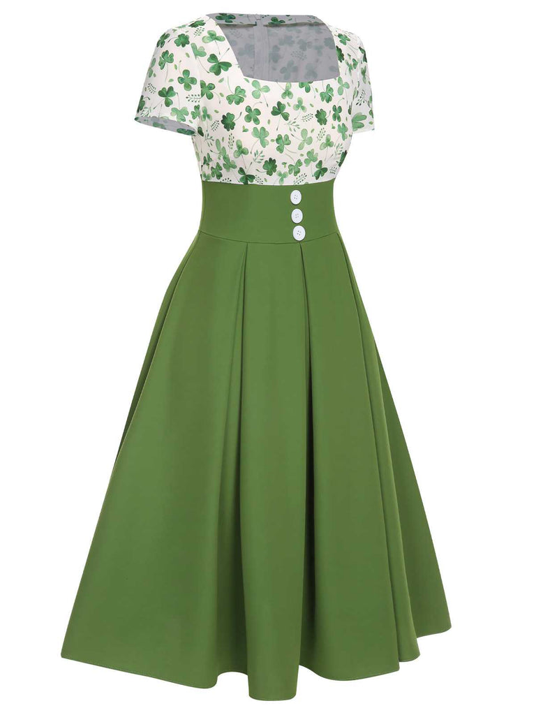 Grün 1950er Glücksklee Geknöpftes Kleid