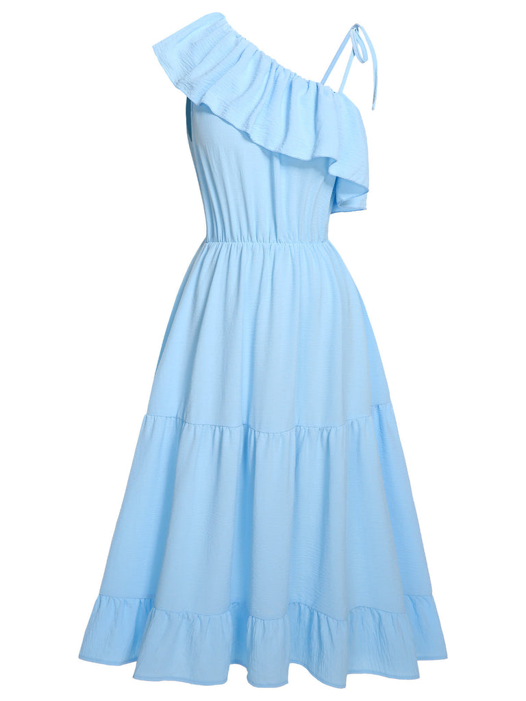 Blau 1940er Eine Schulter Ärmelloses Rüschenkleid
