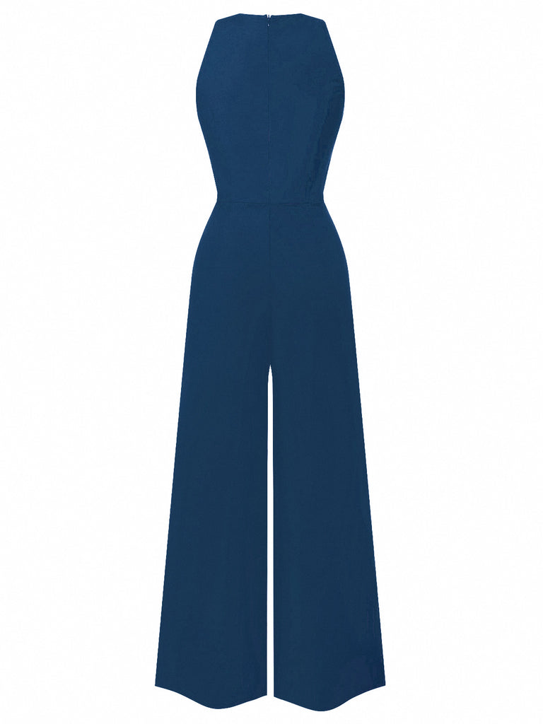 Schwarz 1950er Ärmellos Geknöpft Solide Jumpsuit