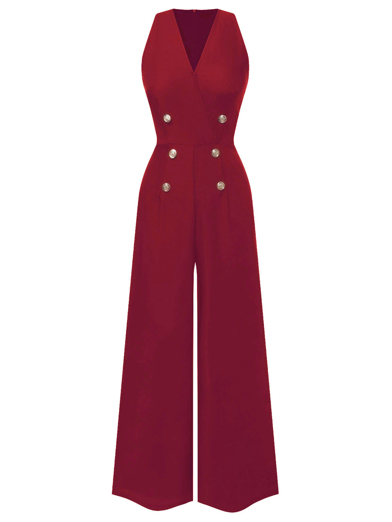 Rosa 1950er Ärmellos Geknöpft Solide Jumpsuit