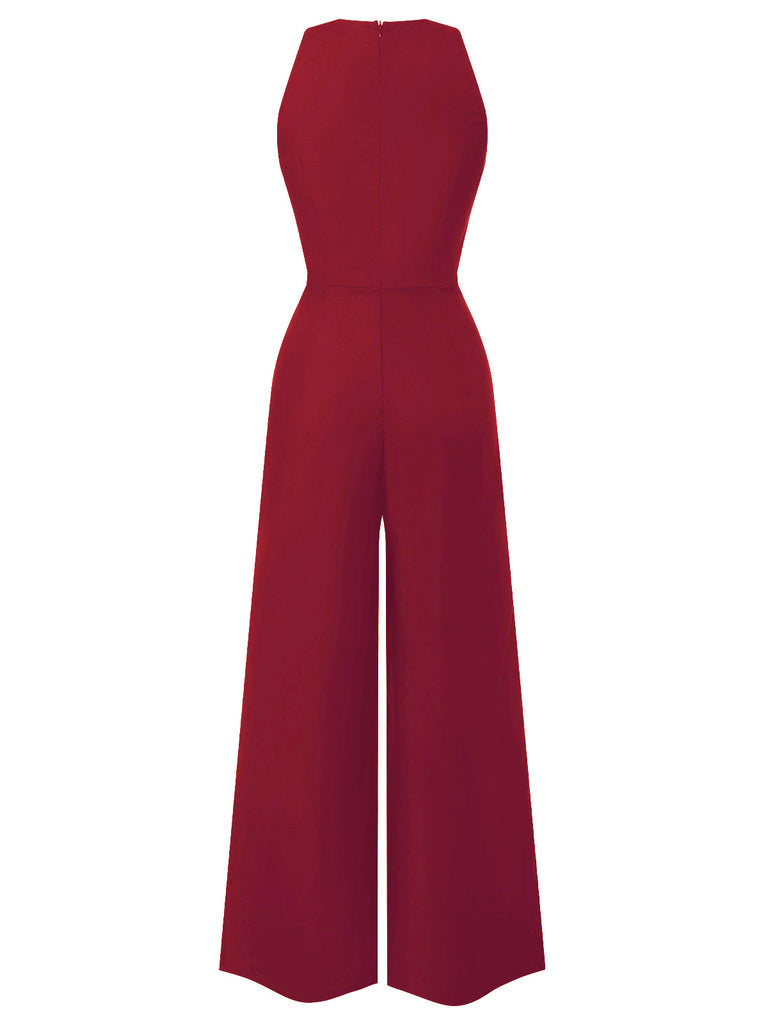 Rosa 1950er Ärmellos Geknöpft Solide Jumpsuit