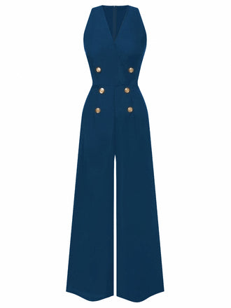 Blau 1950er Ärmellos Geknöpft Solide Jumpsuit