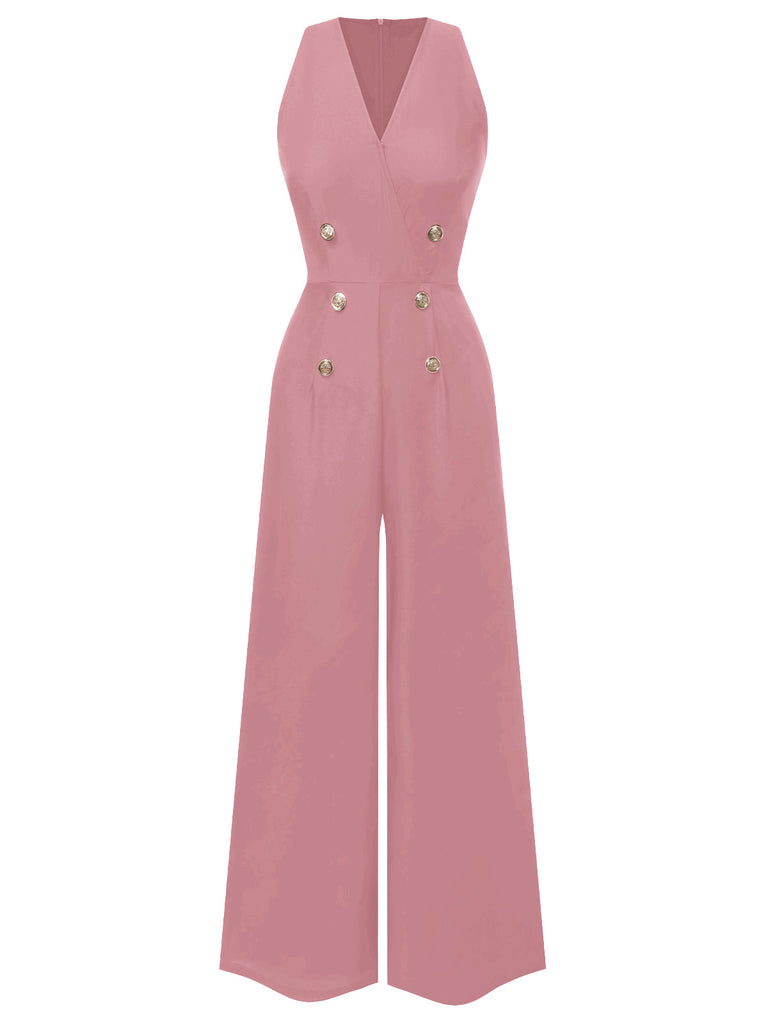 Rosa 1950er Ärmellos Geknöpft Solide Jumpsuit