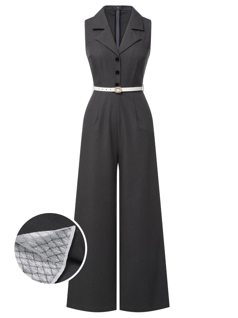 Grau 1940er V-Ausschnitt Revers Spitze-Patchwork Jumpsuit