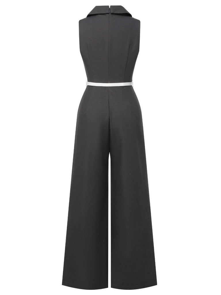 Grau 1940er V-Ausschnitt Revers Spitze-Patchwork Jumpsuit