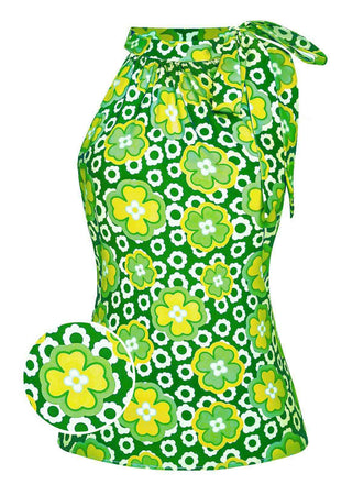 Grün 1960er Krawattenkragen Blumen Ärmellos Top