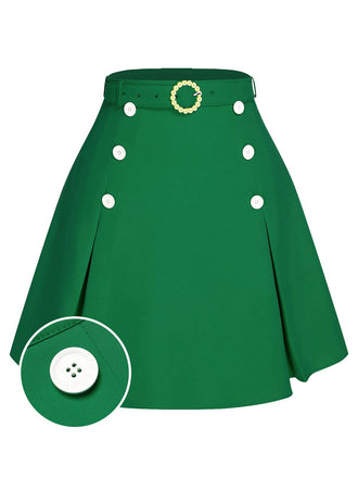 Grün 1960er Solide Knöpfen Rock mit Gürtel
