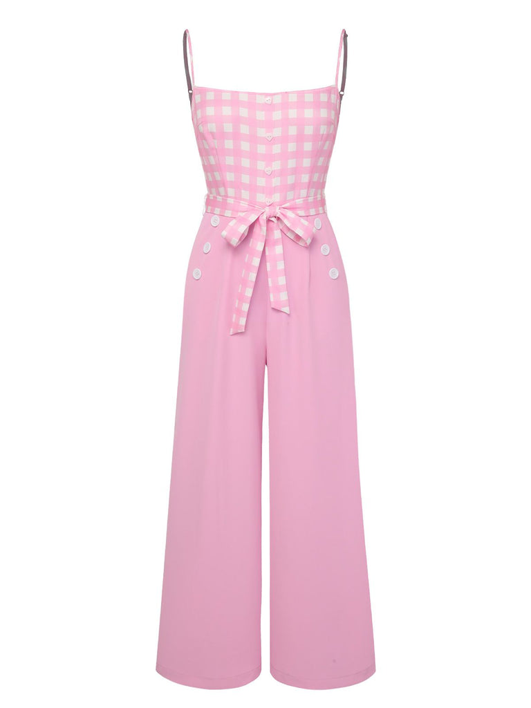 Rosa 1950er Gingham Karierter Hosenträger Jumpsuit