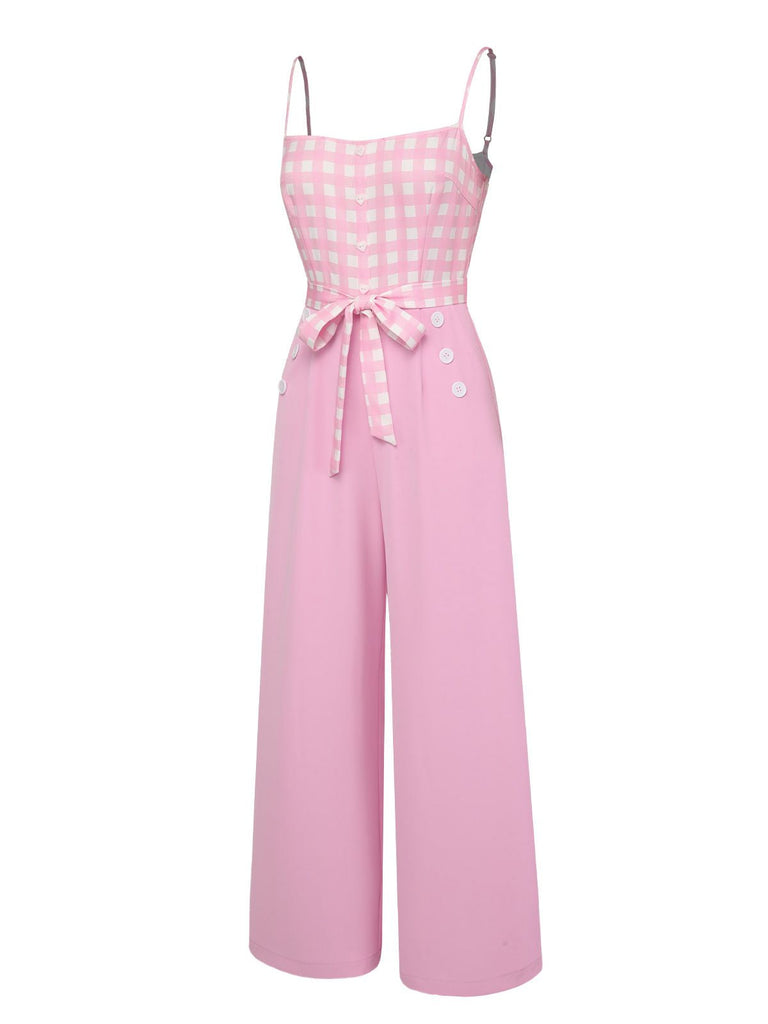 Rosa 1950er Gingham Karierter Hosenträger Jumpsuit