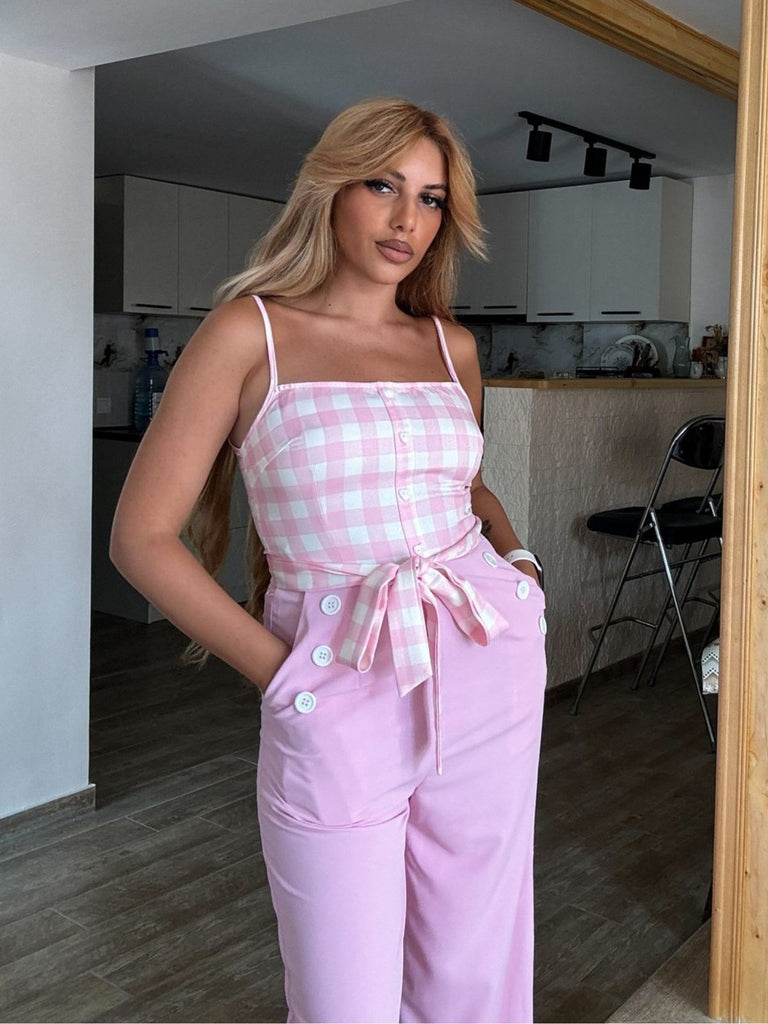 Rosa 1950er Gingham Karierter Hosenträger Jumpsuit