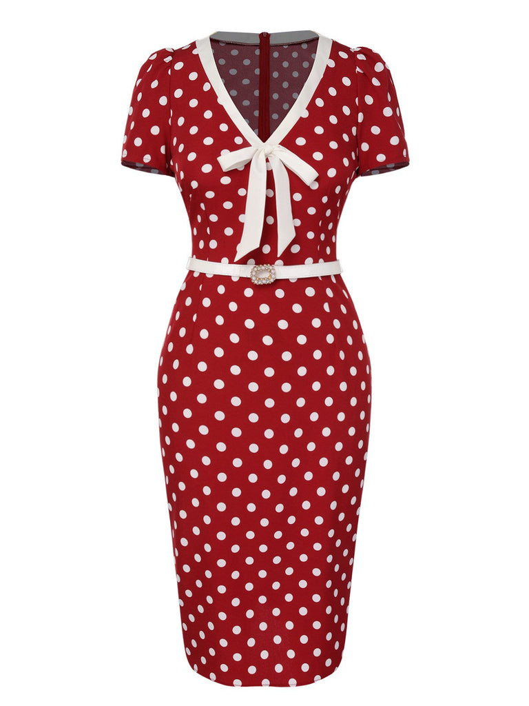 Rot 1960er Polka Dots Krawattenhals Kleid