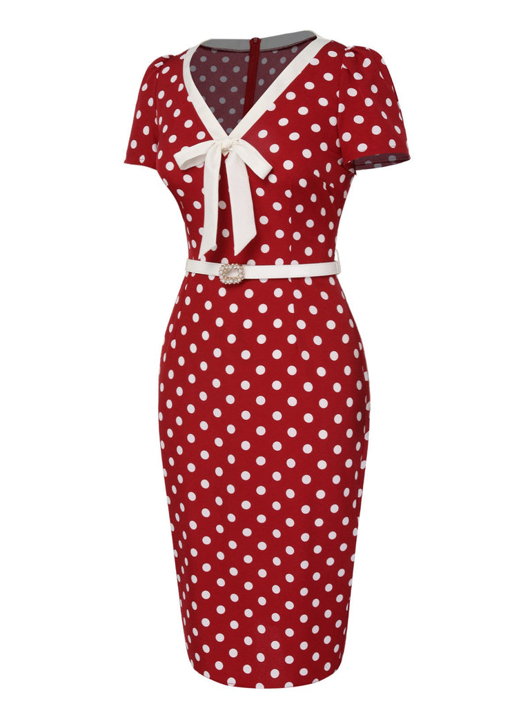 Rot 1960er Polka Dots Krawattenhals Kleid