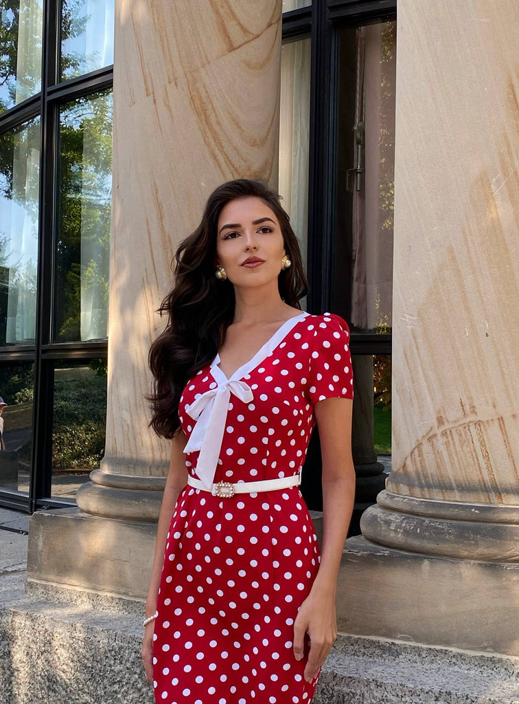 Rot 1960er Polka Dots Krawattenhals Kleid