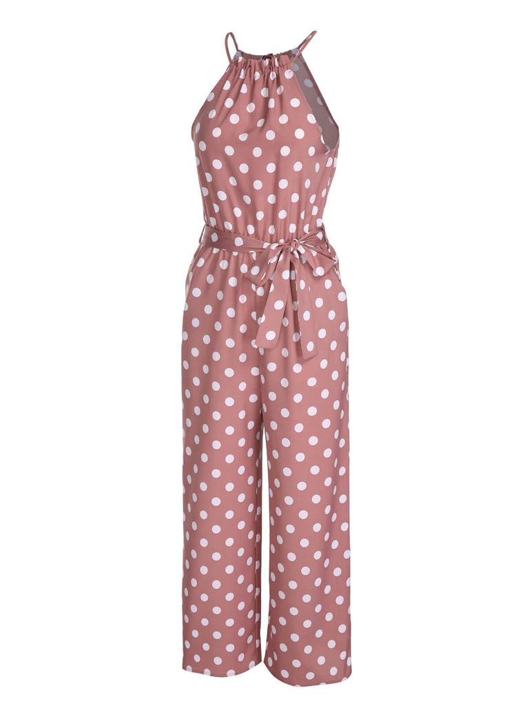 Rosa 1930er Polka Dots Kordelzug Halter Jumpsuit