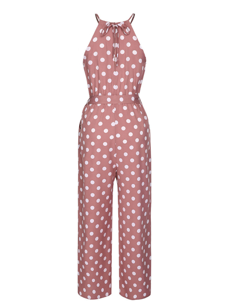 Rosa 1930er Polka Dots Kordelzug Halter Jumpsuit