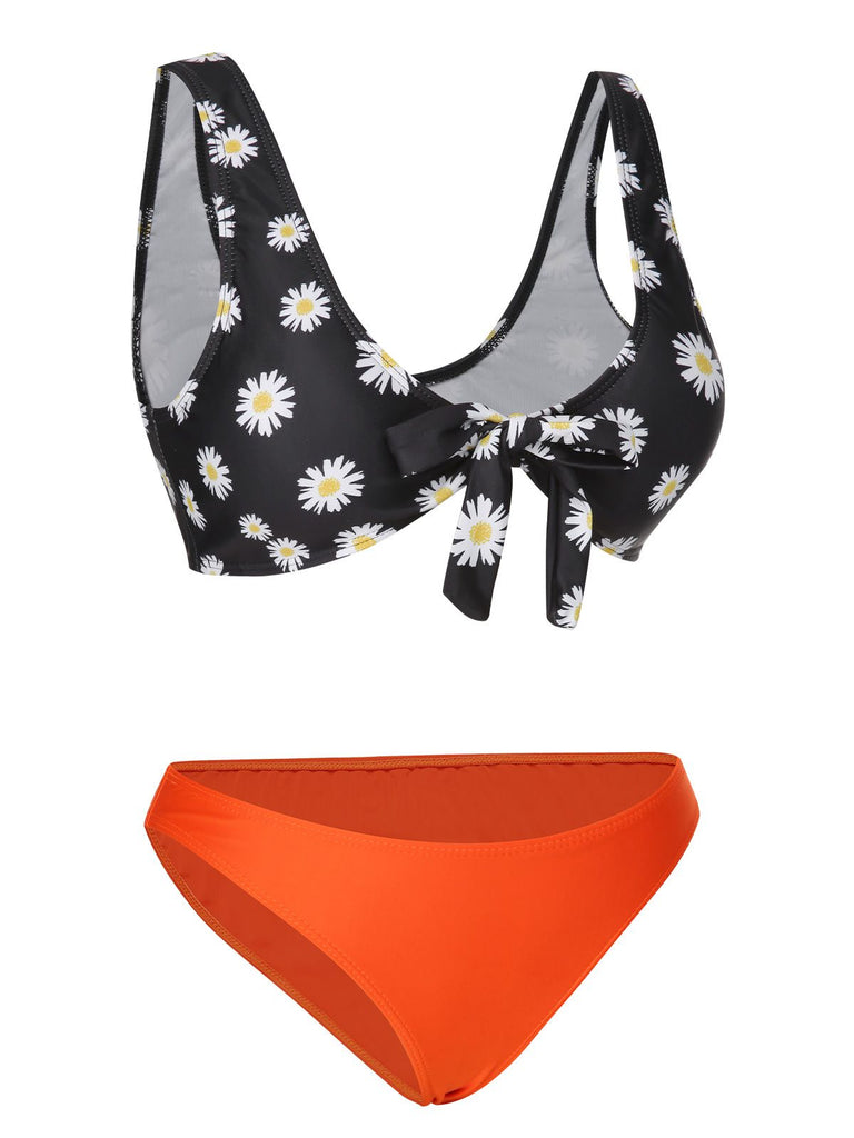 Schwarz & Orange 1930er Gänseblümchen Schnürung Badeanzug
