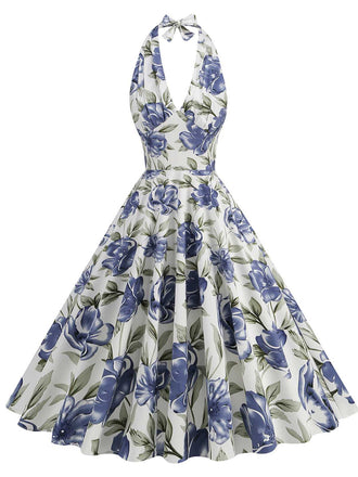 1950er Halter Blumen Ärmelloses Kleid