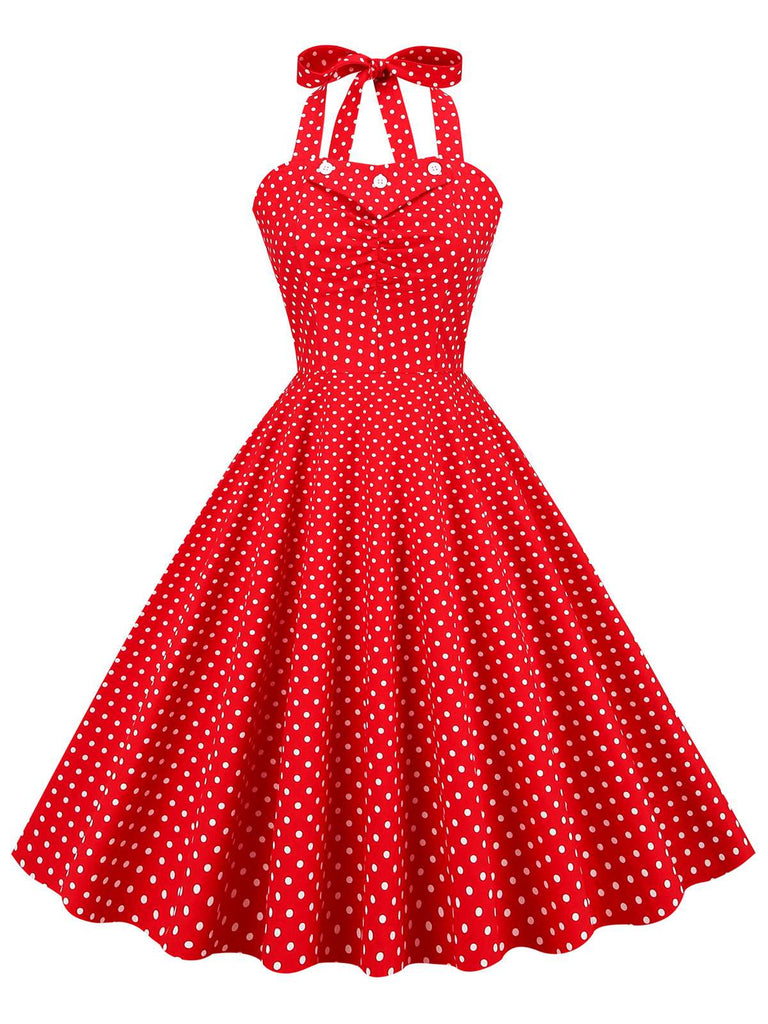 Rot 1950er Polka Dot Halter Swing Kleid