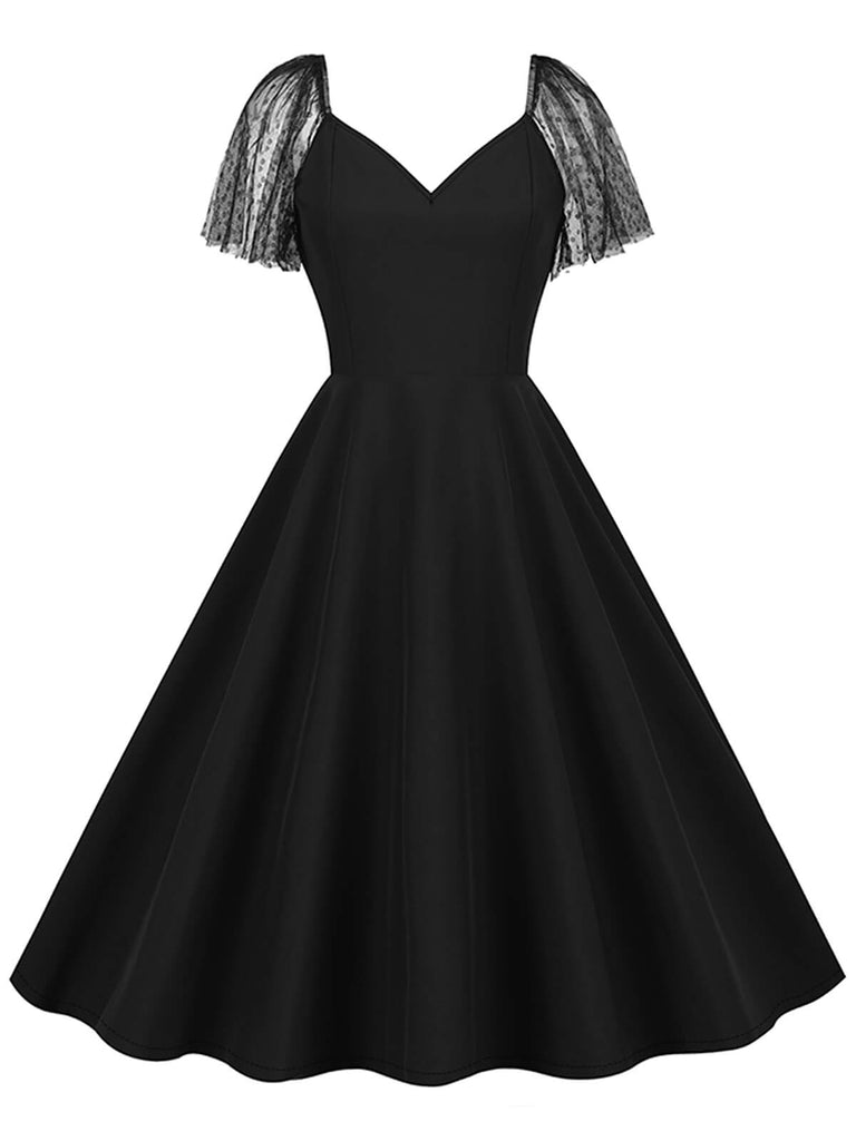 1950er Solide Dots Masche Ärmel V-Ausschnitt Kleid
