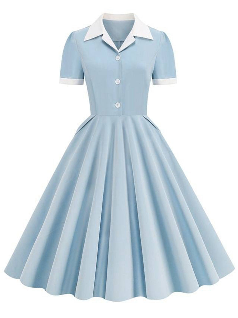 1950er Hemdkragen Weiß Knöpfen Swing Kleid