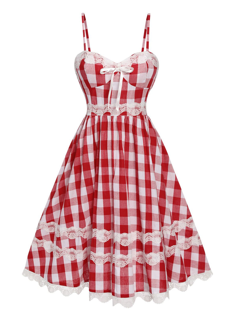 Rot 1950er Plaid Spitze Bogen Gurt Kleid