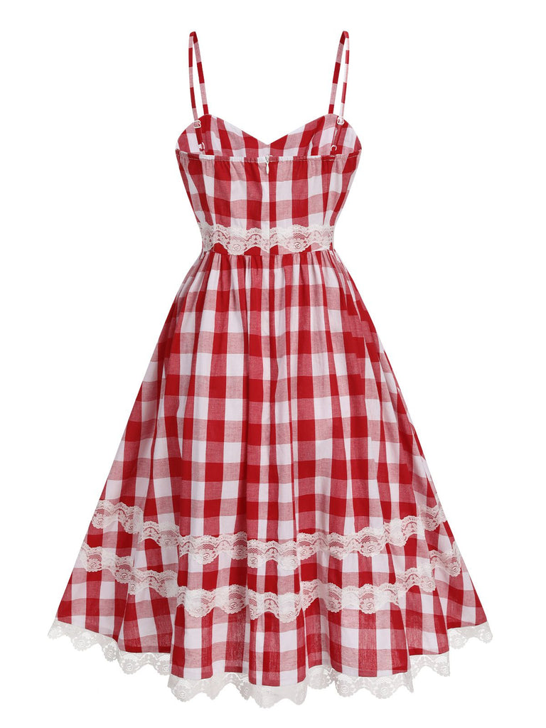 Rot 1950er Plaid Spitze Bogen Gurt Kleid