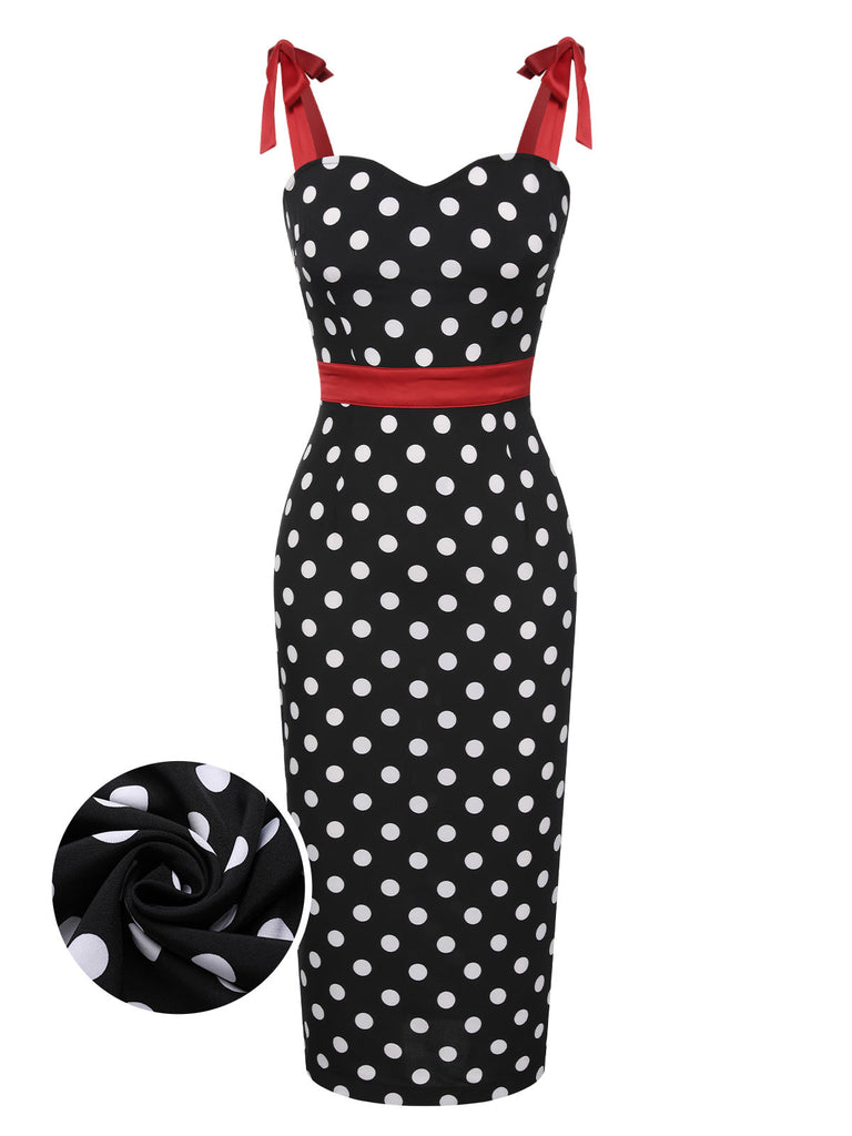 Schwarz 1960er Polka Dot Bogen Bleistiftkleid