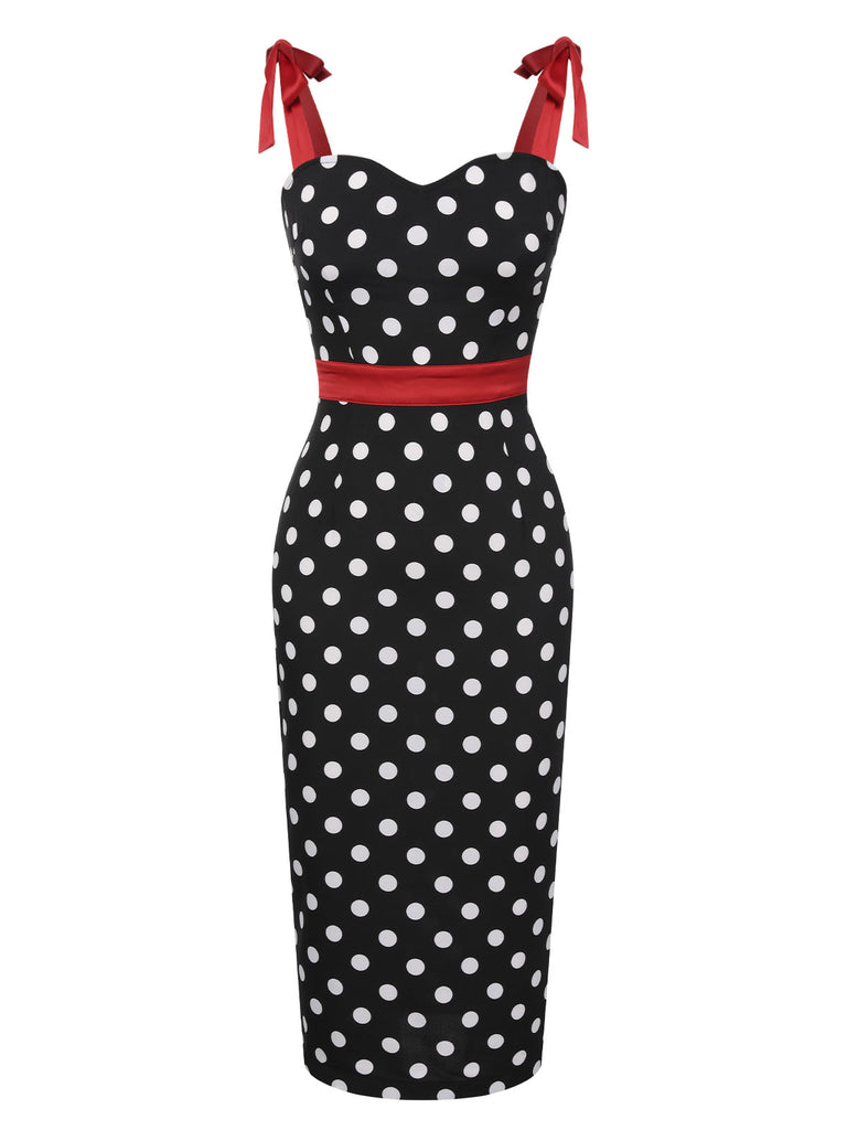 Schwarz 1960er Polka Dot Bogen Bleistiftkleid