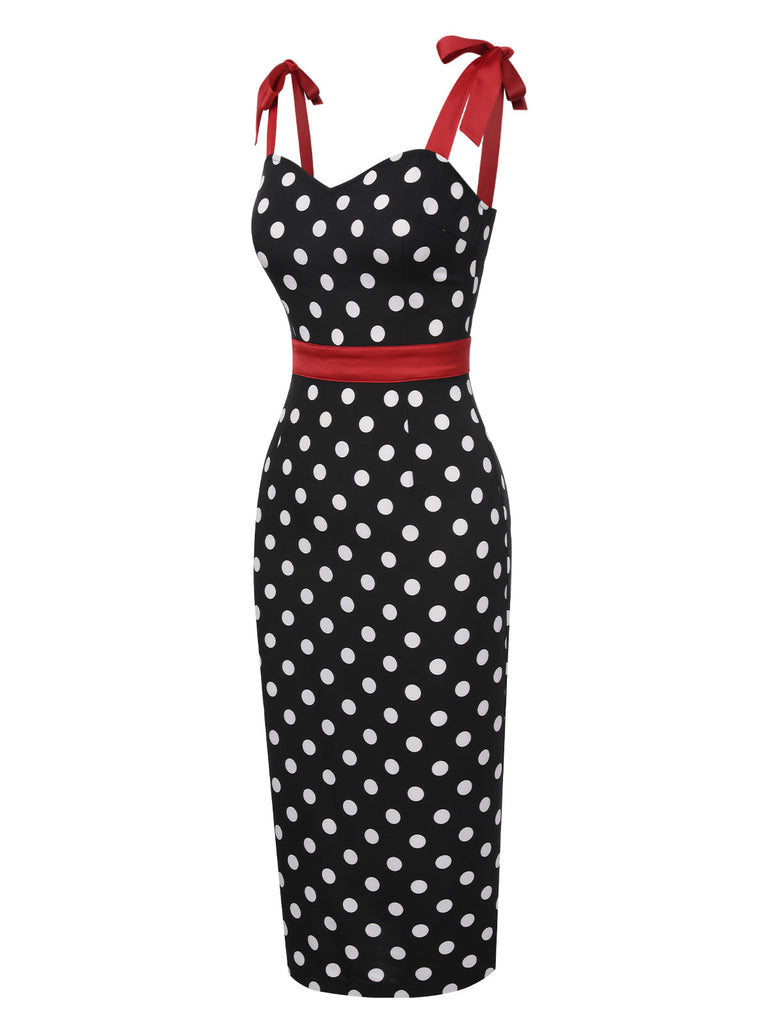 Schwarz 1960er Polka Dot Bogen Bleistiftkleid