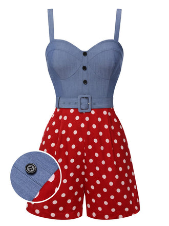 Blau 1960er Polka Dots Spaghetti Träger Romper
