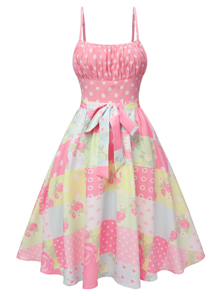 Rosa 1950er Polka Dots Blume Patchwork Kleid