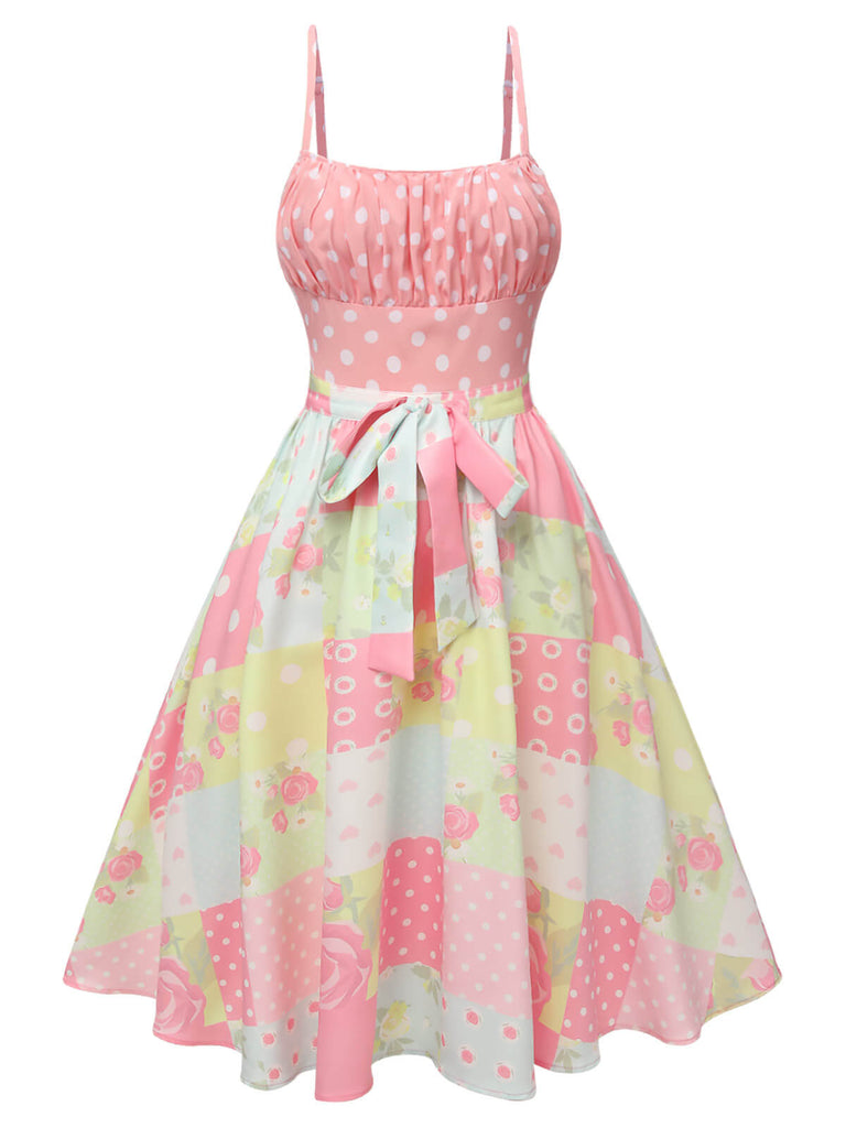 [Vorverkauf] Rosa 1950er Polka Dots Blume Patchwork Kleid