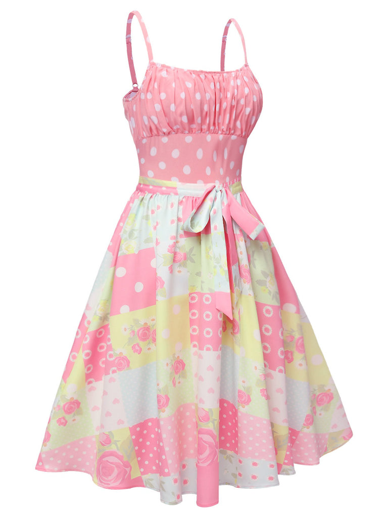 Rosa 1950er Polka Dots Blume Patchwork Kleid