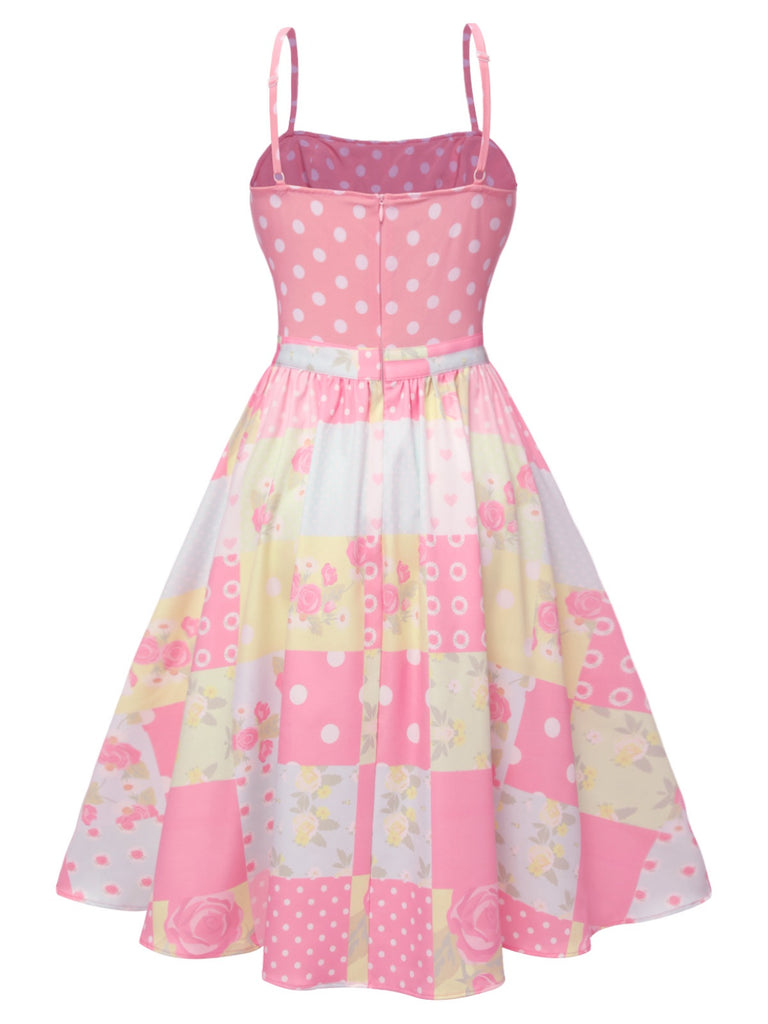 Rosa 1950er Polka Dots Blume Patchwork Kleid