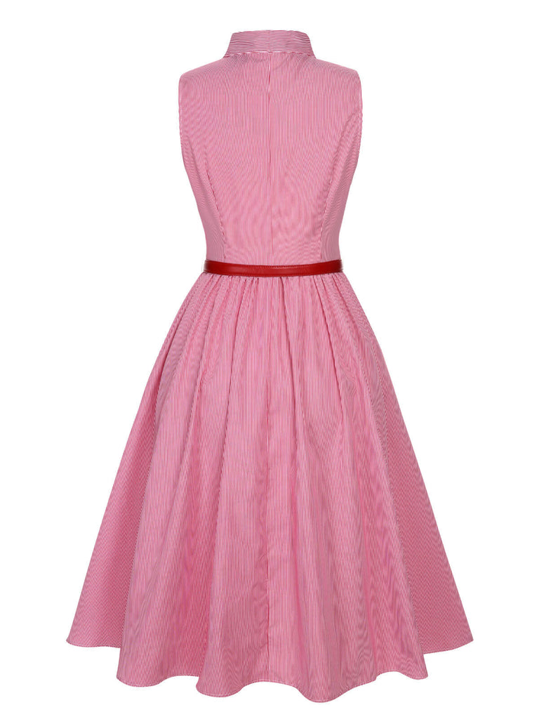 Rosa 1950er Nadelstreifen Krawattenkragen Kleid