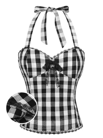 Schwarz 1950er Plaid Halter Spitze Bogen Top