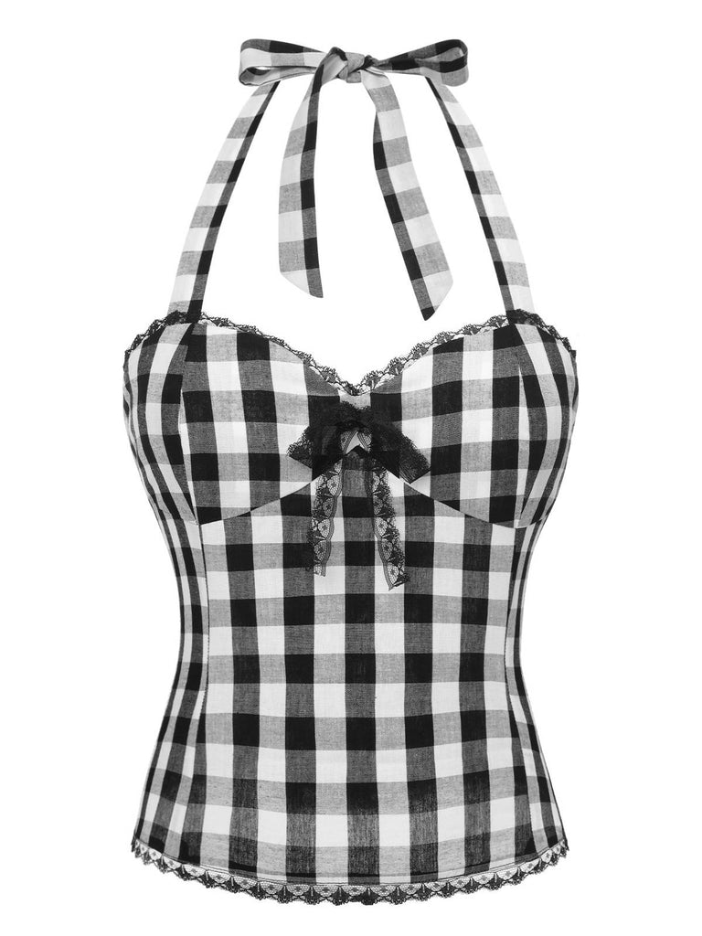 2PCS Schwarz 1950er Plaid Halter Top & Schirmrock